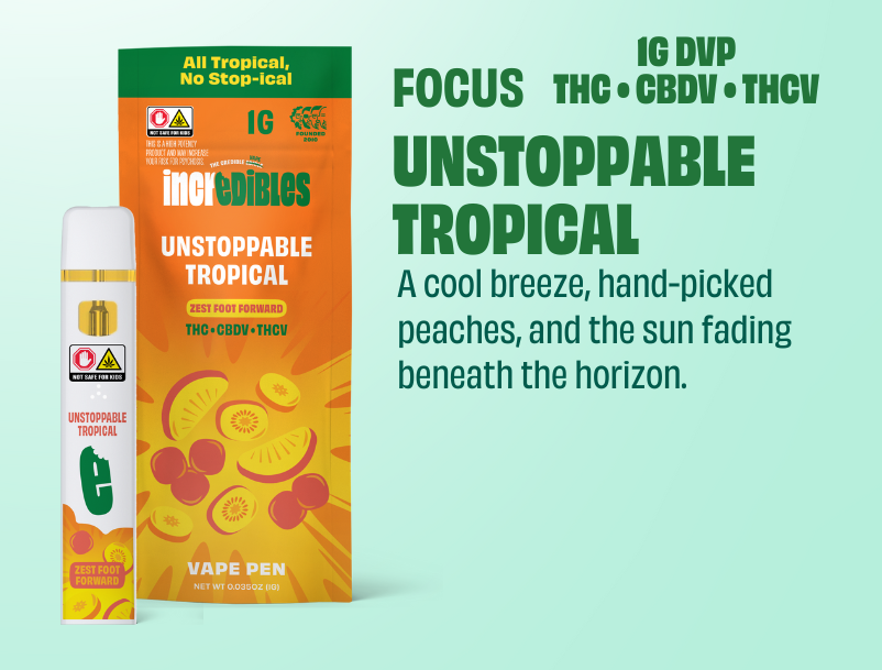 Photograph of product: Incredibles Vape Disposable 1g- Unstoppable Tropical 14:1:1 (TH-oui:TH-ouiV:CBV)