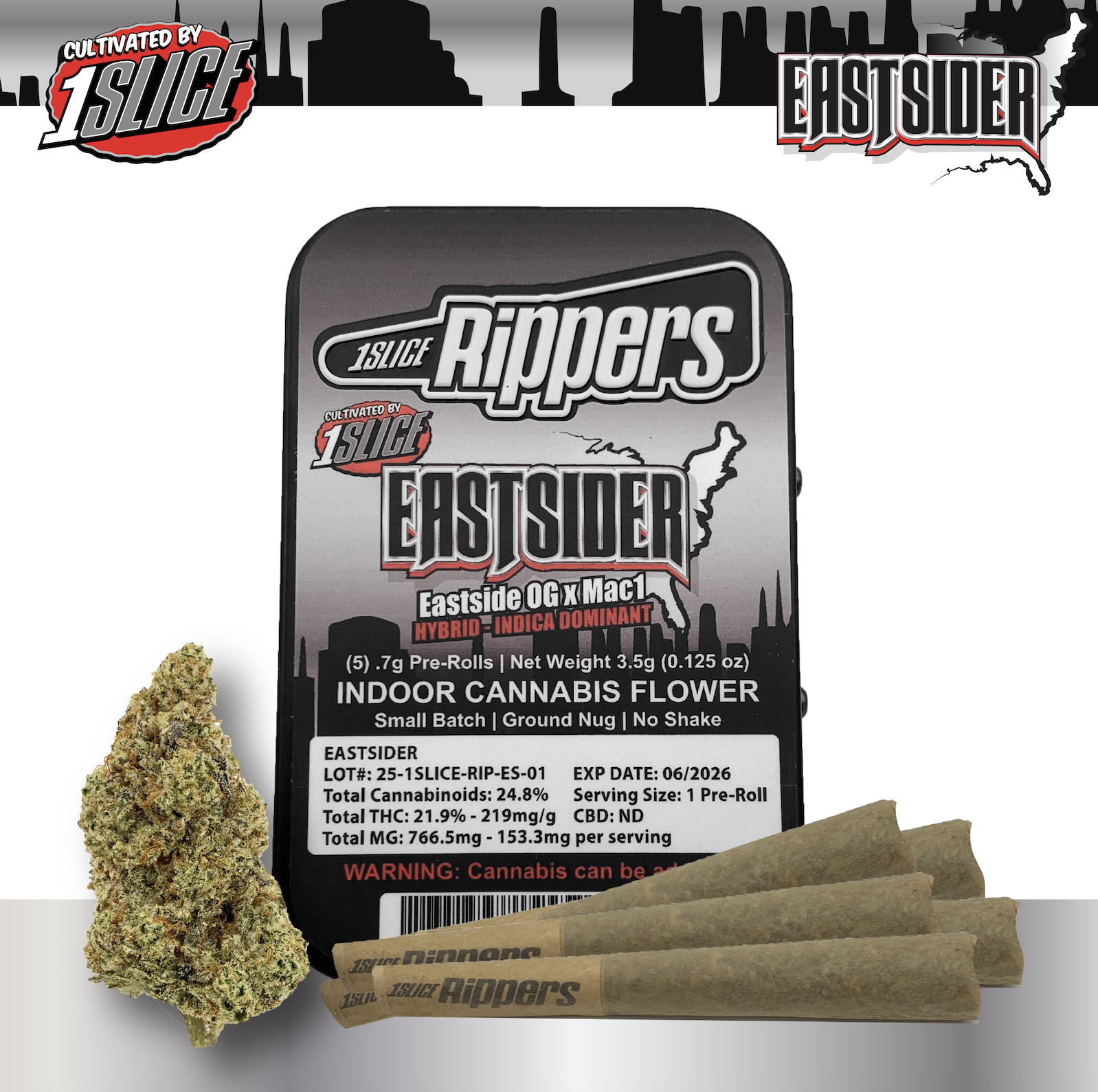 Photograph of product: 1Slice | 0.7g Pre-Roll 5pk (3.5g) | Eastsider