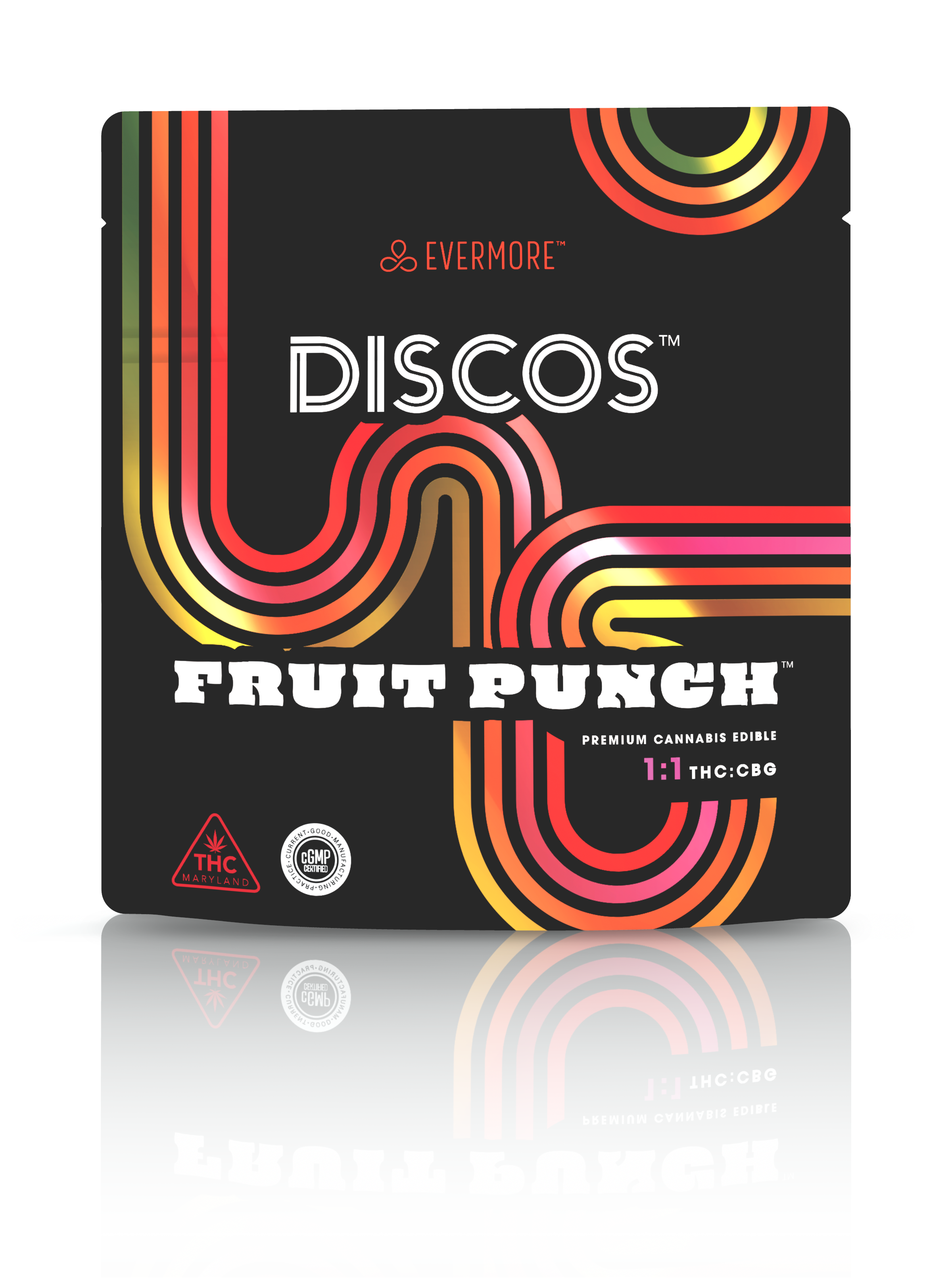Photograph of product: Evermore | Discos | Gummies | Fruit Punch 1:1 | 10 x 10mg TH-oui: 10mg CBG