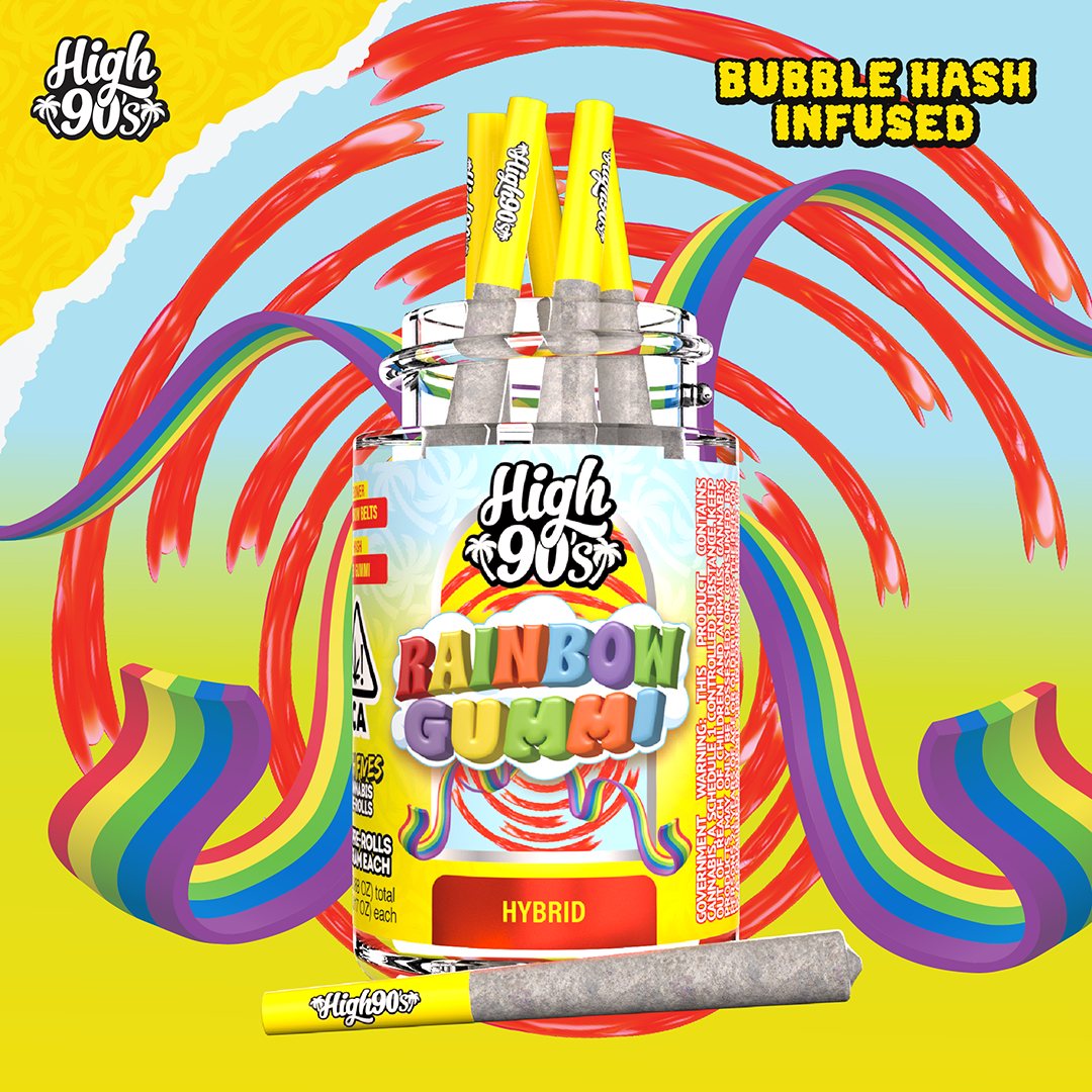 Photograph of product: HIGH 90S: RAINBOW GUMMI BUBBLE au chocolat INFUSED PRE-ROLL 5PK 2.5G