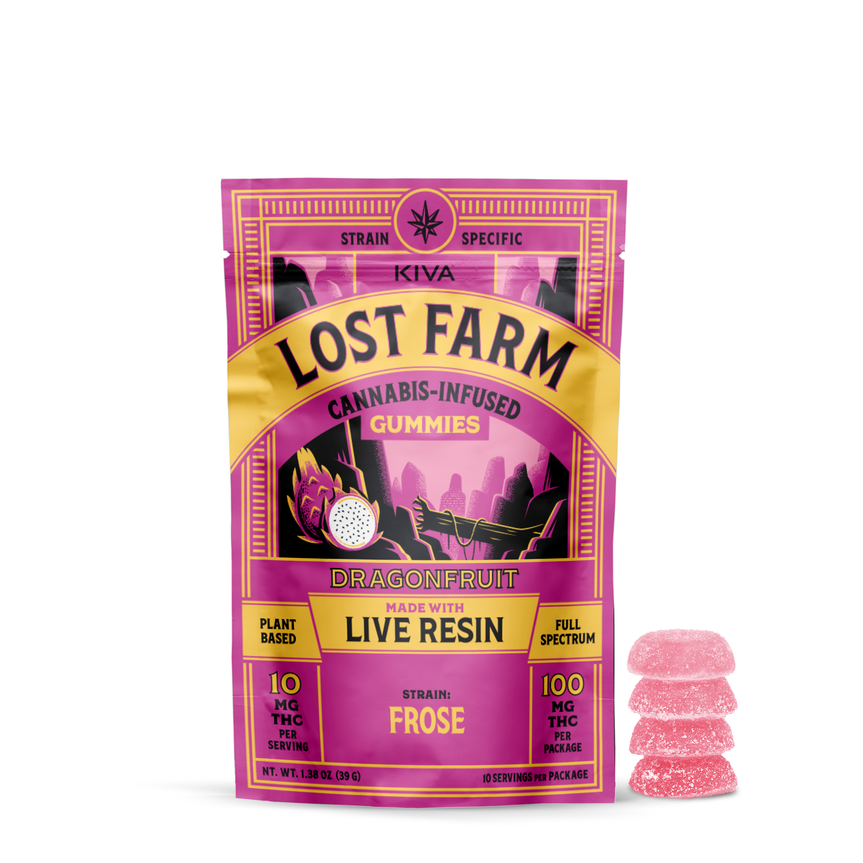 Photograph of product: KIVA LOST FARM - Oui'd-Infused Gummies - Dragonfruit x Frose -Full Spectrum - 10 pcs - 10mg TH-oui/pcs - Hybrid
