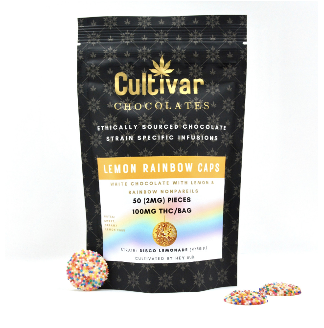 Photograph of product: Cultivar Chocolates | 100mg TH-oui Chocolate Drops | Lemon Rainbow Caps