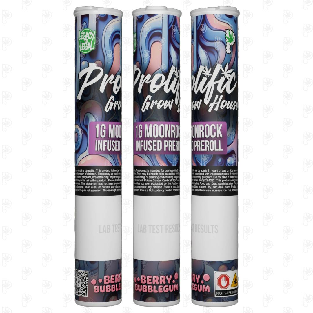Photograph of product: Berry Bubblegum | Moonrock Infused 1.25 g Pre Roll | Prolific Growhouse