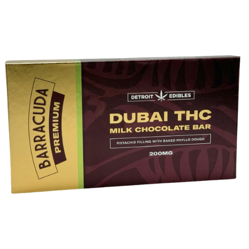 Photograph of product: Detroit Edible Company Barracuda Dubai Milk Chocolate Bar 200mg TH-oui