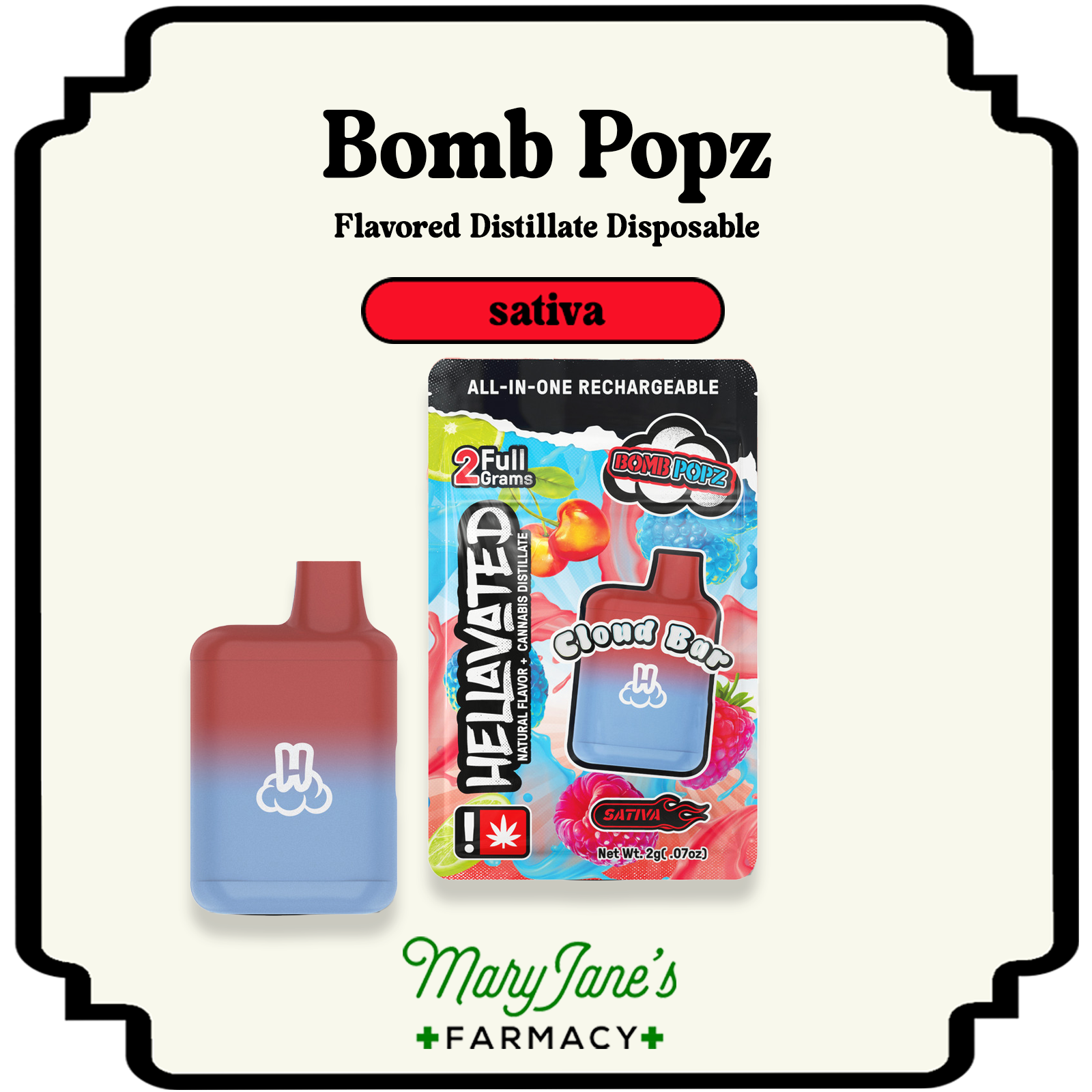 Photograph of product: Bomb Popz Flavored Distillate Disposable Cloud Pod | 2g