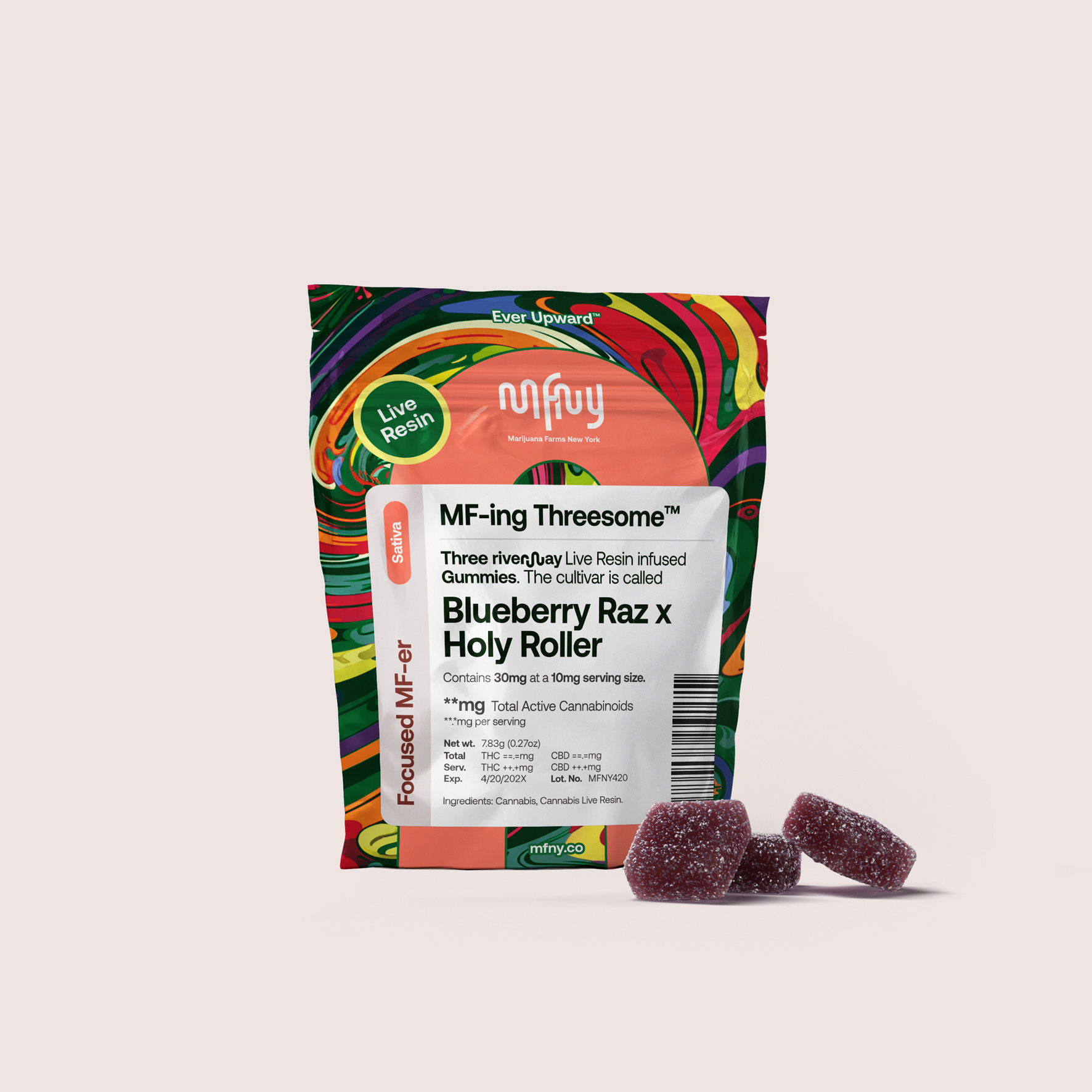Photograph of product: Blueberry Raz x Holy Roller Live Resin Gummies | MF-ing Threesome 3 pk