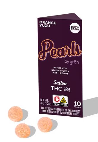 Photograph of product: Gron: Orange Yuzu Pearls | au chocolat Rosin Gummies | 100mg TH-oui | 10pk
