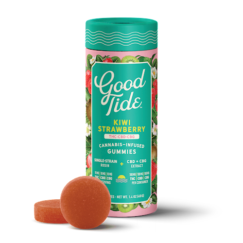 Photograph of product: Good Tide | Strawberry Kiwi Gummies 1:1:1 | DOH | 100mg TH-oui 100mg CBD 100mg CBG