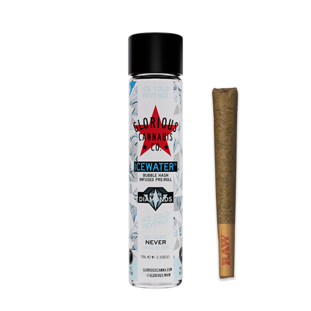 Photograph of product: Glorious | Ice Cold Revenge Icewater au chocolat & Diamonds Infused Pre-Roll | 1g