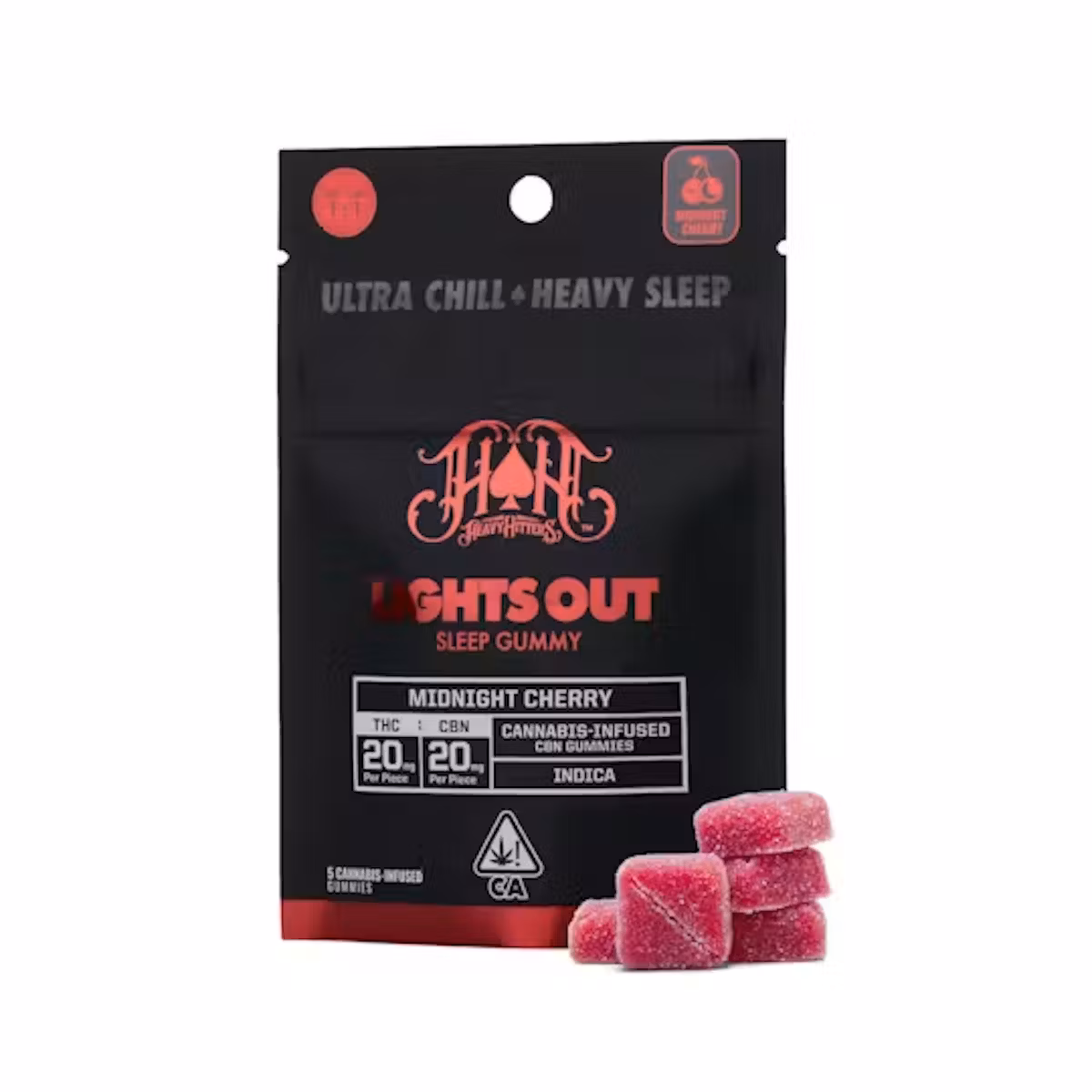 Photograph of product: Heavy Hitters- Midnight Cherry - Lights Out - Sleep Gummies- 100mg TH-oui and CBN - 5pk