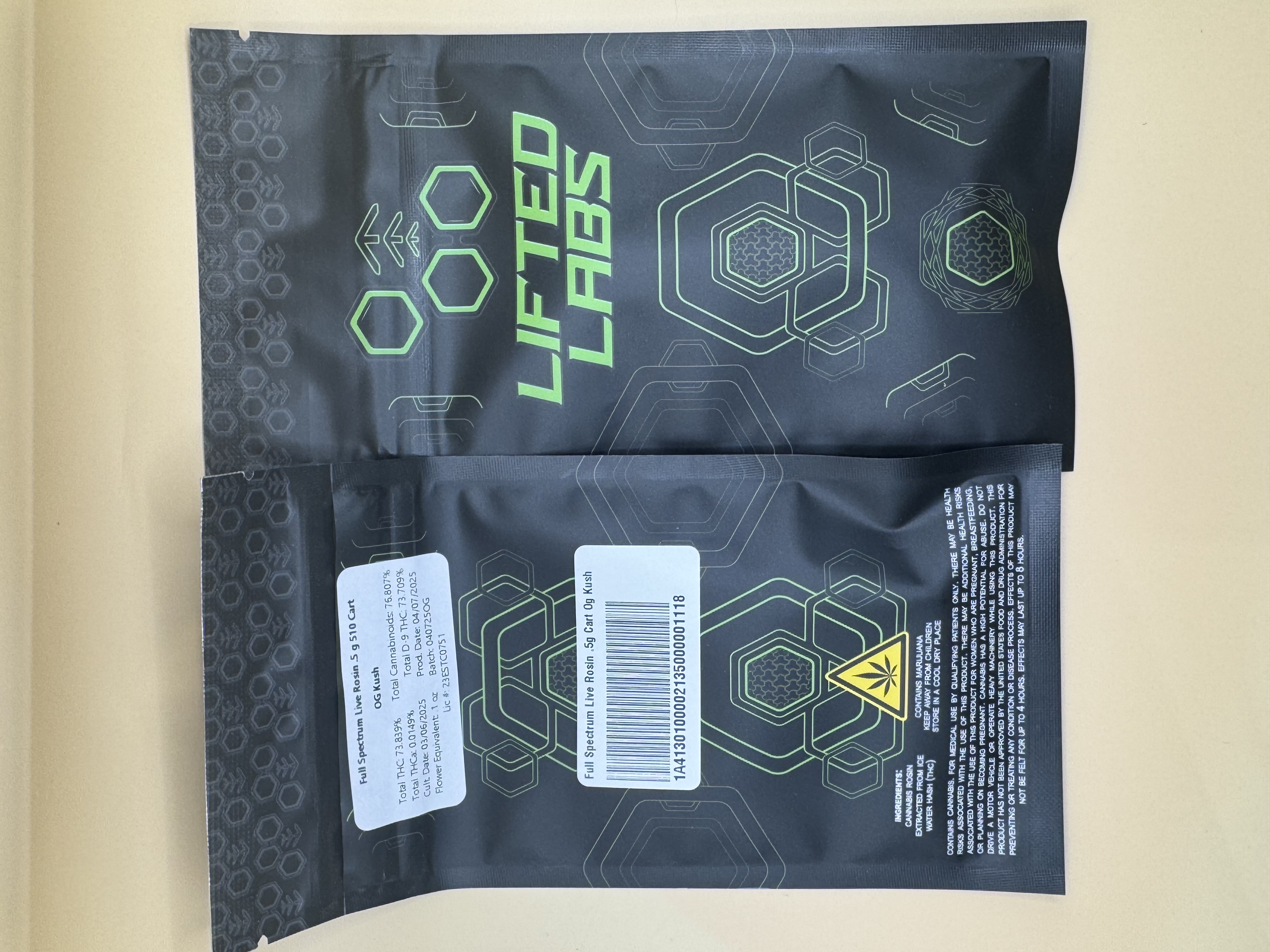 Photograph of Product: Lifted Labs OG Kush Full Spectrum 510 Live Rosin Cart
