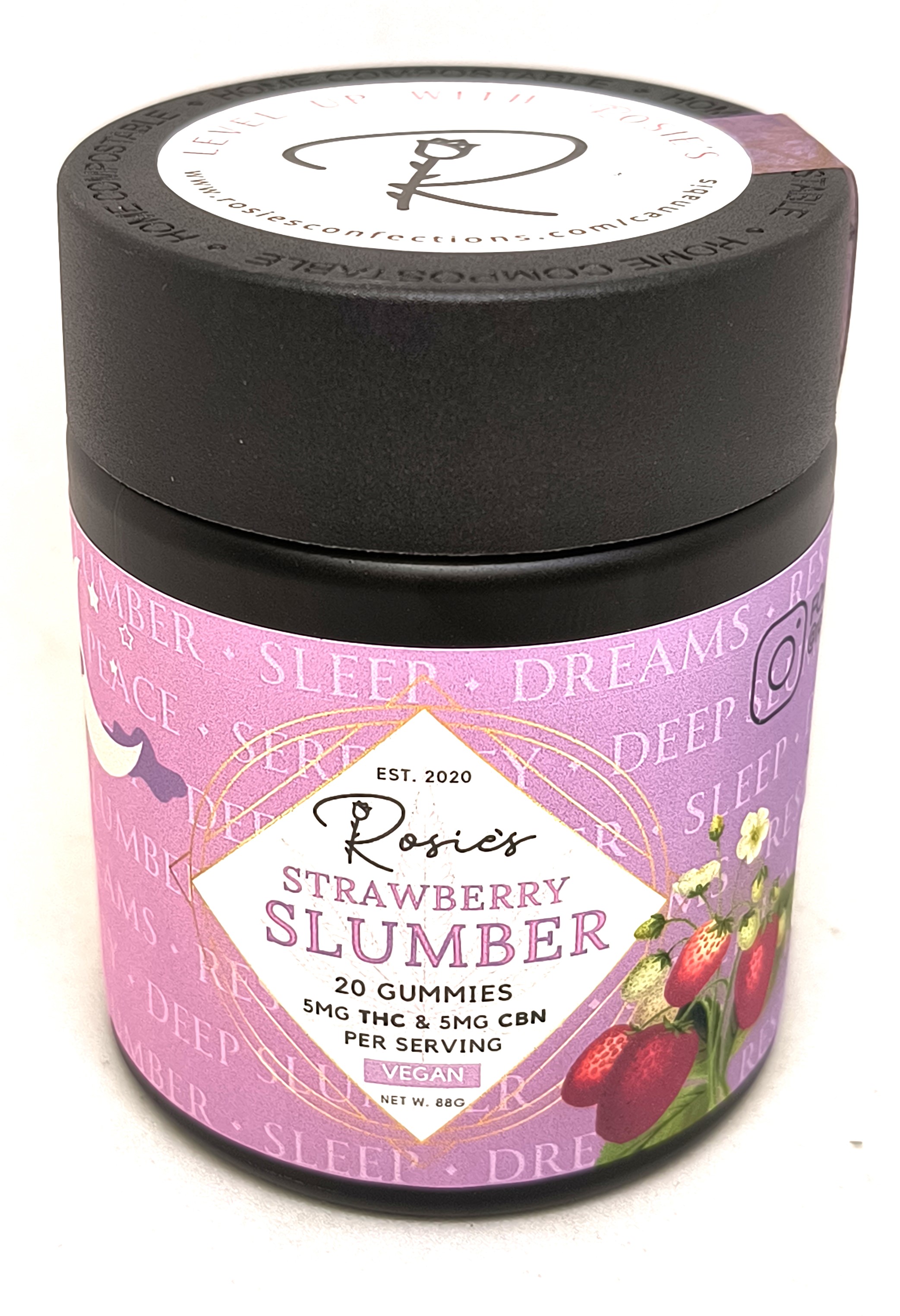 Photograph of Product: Strawberry Slumber | 100mg THC + 100mg CBN Gummies | Rosie's Confections