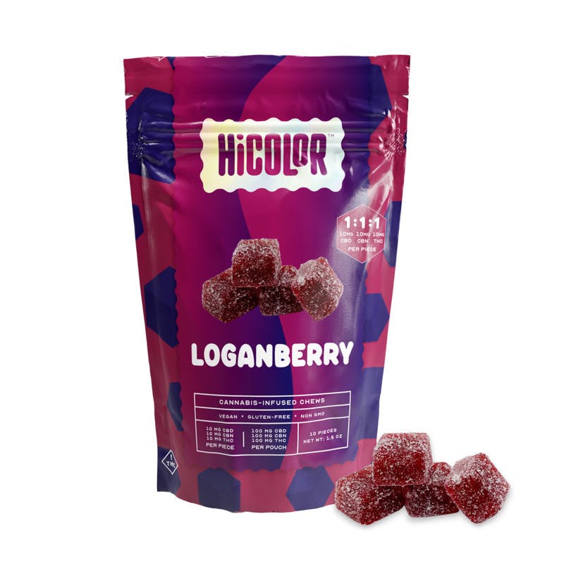 Photograph of product: HiColor | Loganberry 1:1:1 CBD:TH-oui:CBN | 10mg/10pk Gummies