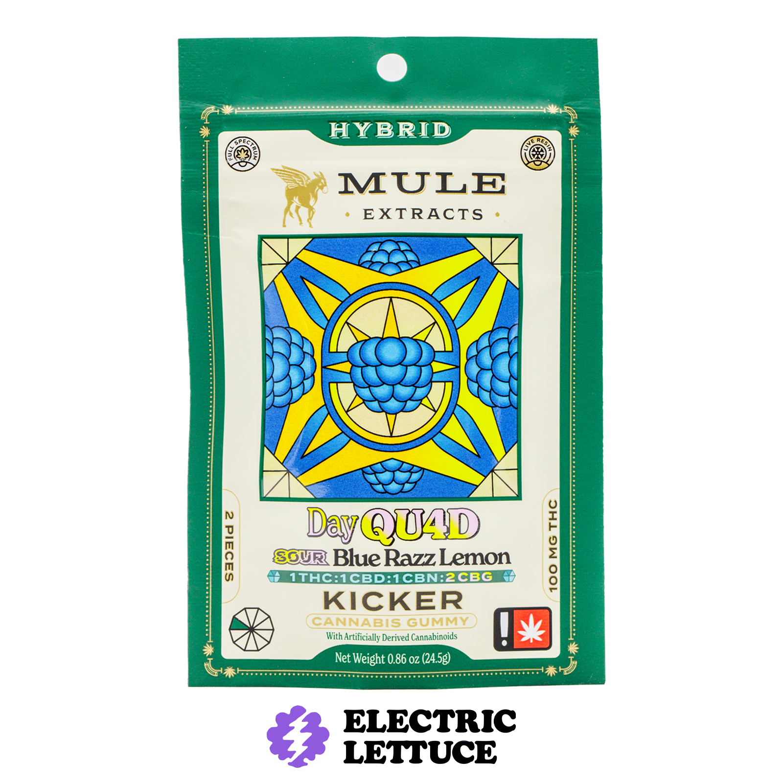 Photograph of product: Mule Extracts Sour Blue Razz Lemon 1:1:1:2 TH-oui CBD CBN CBG 2pc Kicker Gummy 100mg
