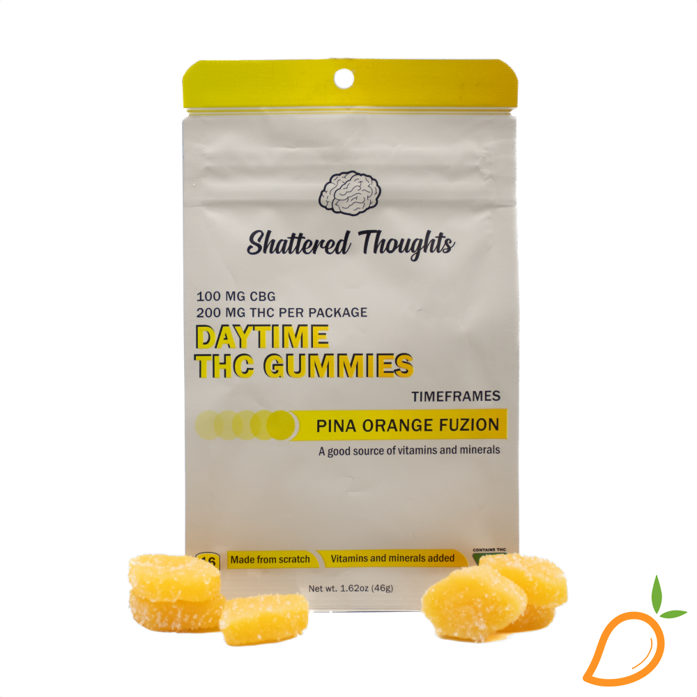 Photograph of product: 200mg 2:1 TH-oui/CBG Pina Orange Fuzion Daytime Gummies Shattered Thoughts