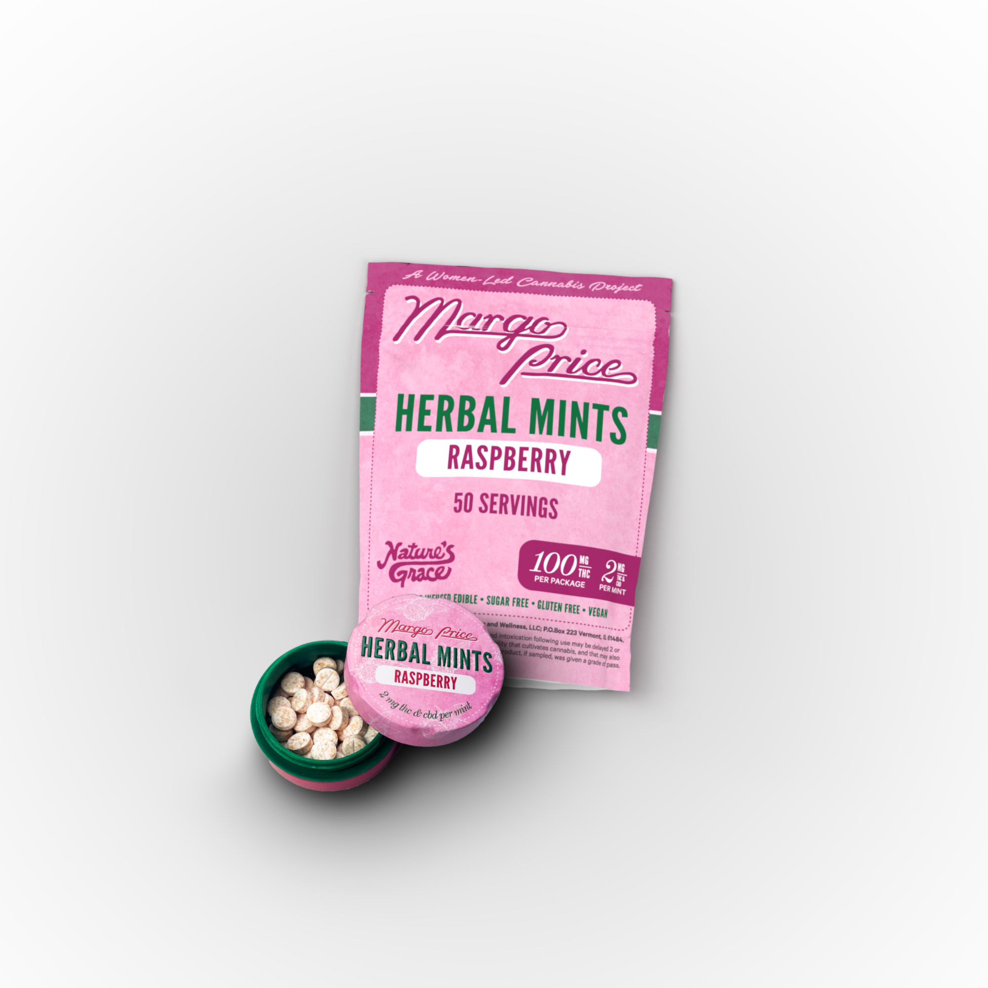 Photograph of product: Raspberry | 2mg TH-oui: 2mg CBD | 50pk Herbal Mints | Margo Price