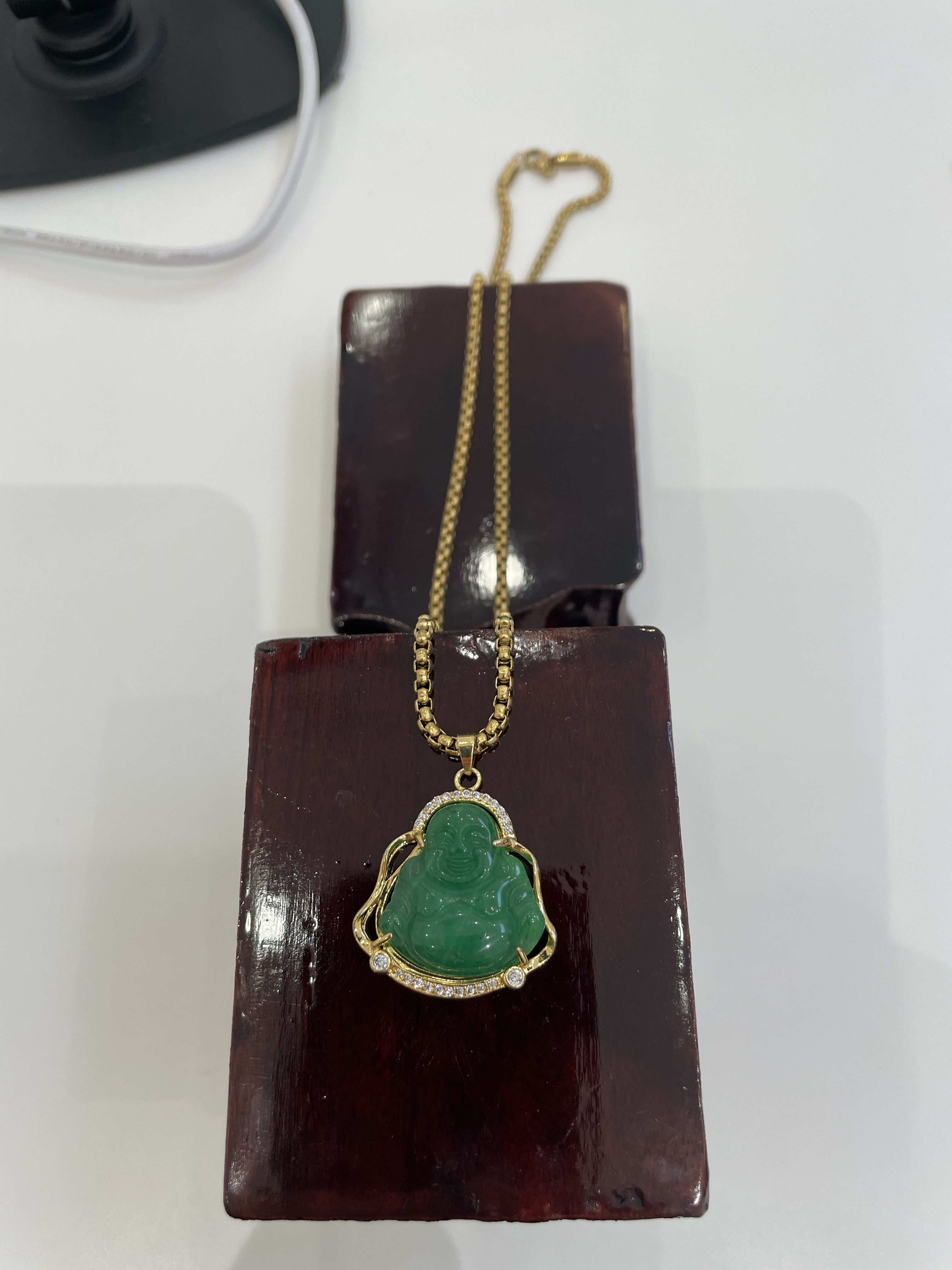 Photograph of product: Brooklyn or Bust | Gold Trim Jade Buddha | (Stainless Steel Chain)