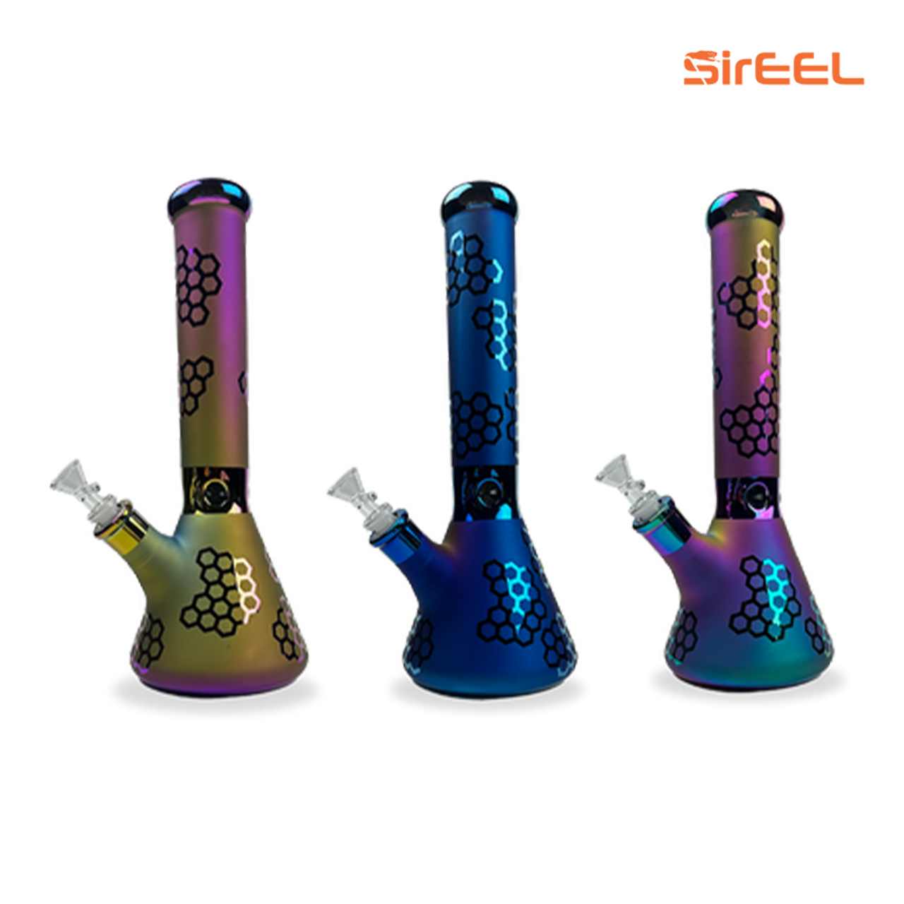 Photograph of product: SirEEL - 14" Etched Image Iridized Beaker Bong with Flower Bowl, Assorted Designs & Colors