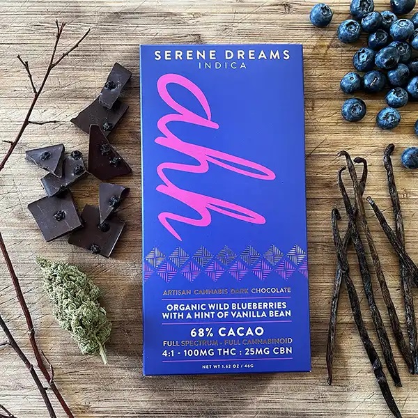 Photograph of product: Serene Dreams - Blueberry & Vanilla Dark Chocolate 1:4 CBN:TH-oui 5mg/100mg