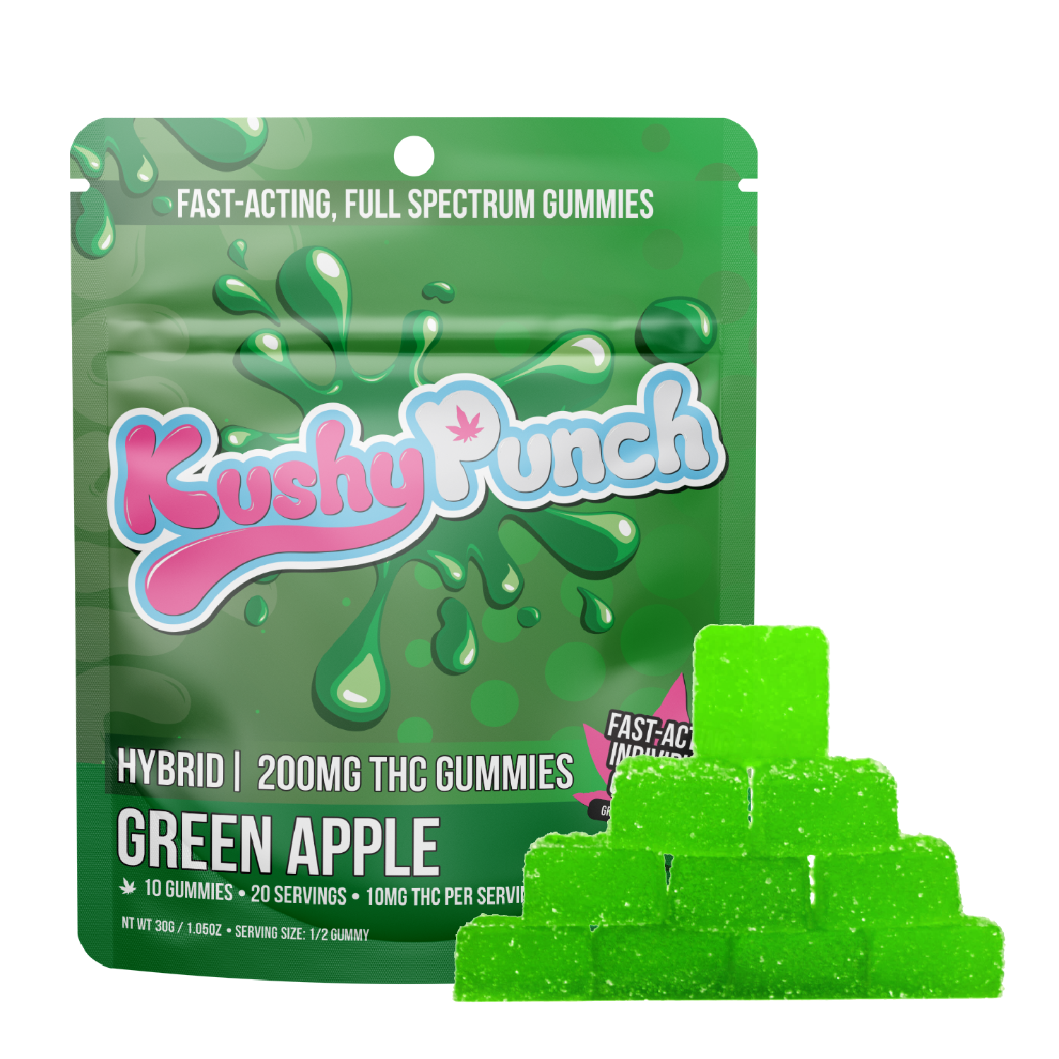 Photograph of product: Kushy Punch Hybrid Green Apple Individual Gummies 200mg Rec