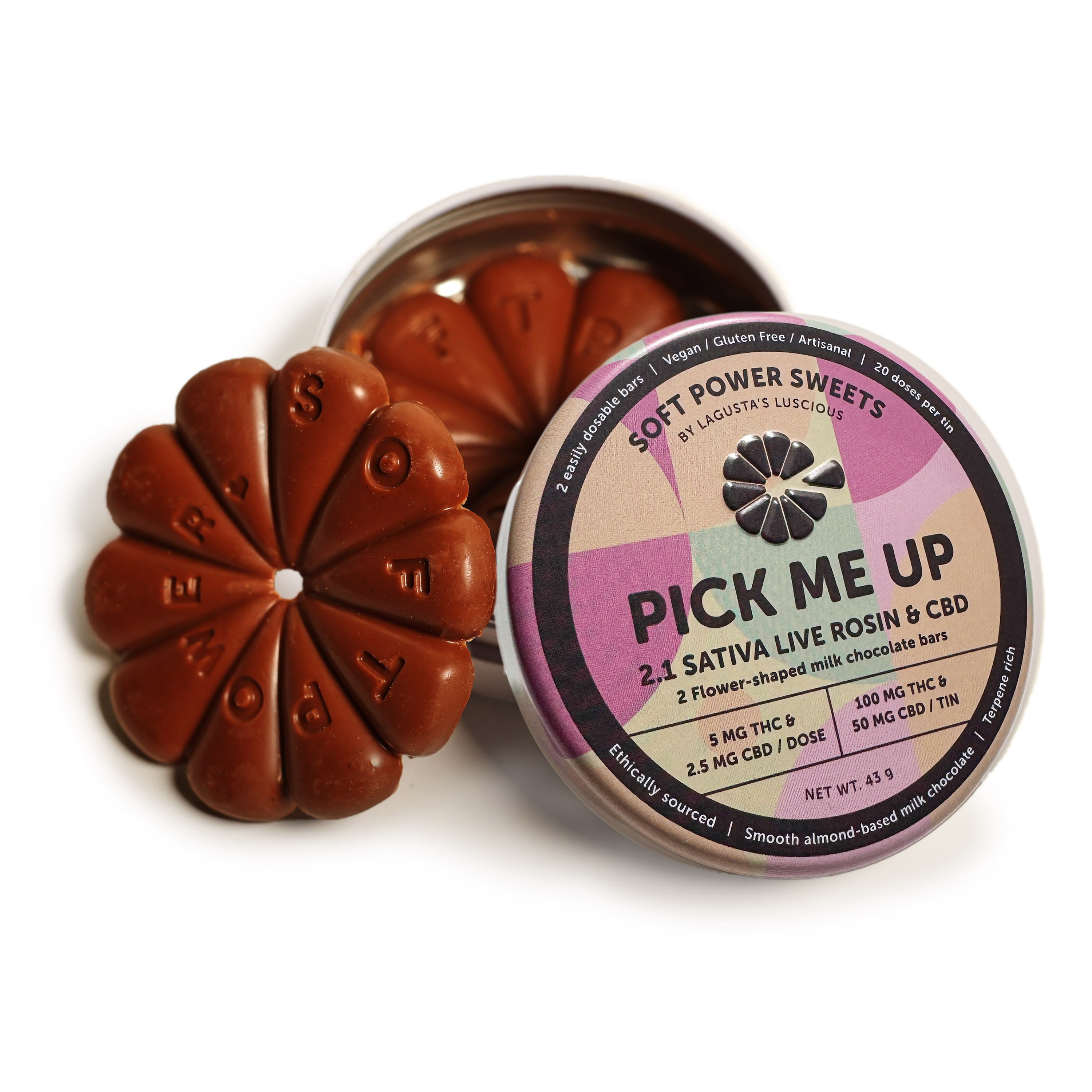 Photograph of Product: Soft Power Sweets | Pick Me Up | Milk Chocolate "Flowers" | Live Rosin | 2:1 | THC:CBD | 100mg