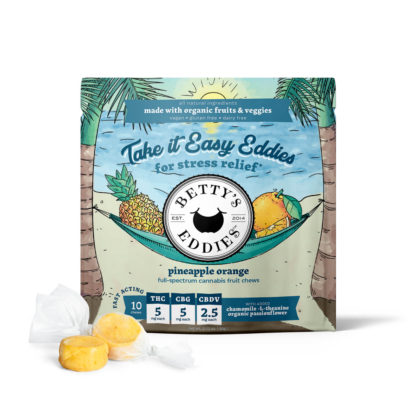 Photograph of product: Take It Easy Eddies  Pineapple Orange Fruit Chews (2:2:1 TH-oui:CBG:CBDV)