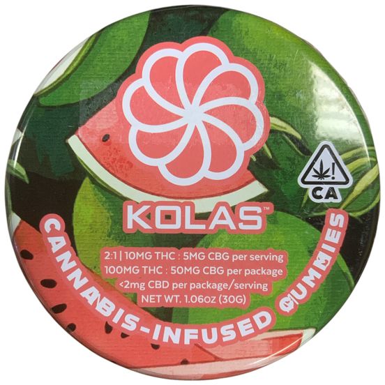 Photograph of product: Kolas - Watermelon 2:1 TH-oui:CBG - 100 mg Gummies - 