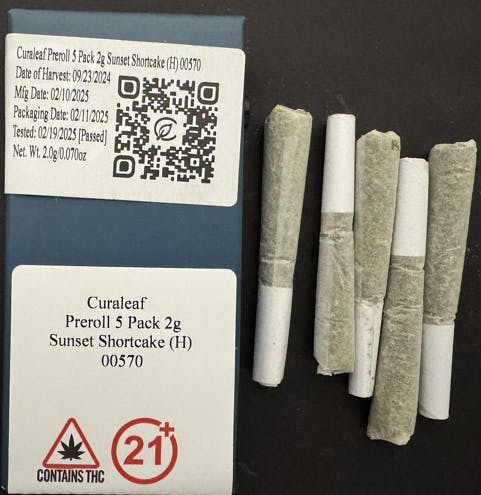 Photograph of product: Curaleaf Prerolls 5x0.4g Sunset Shortcake (H)