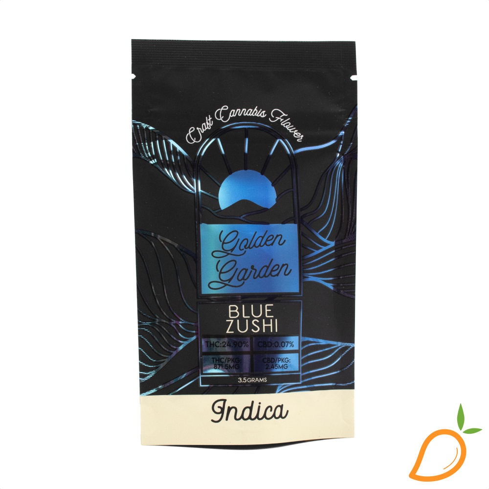 Photograph of product: 3.5g Blue Zushi Prepackaged Flower Golden Garden