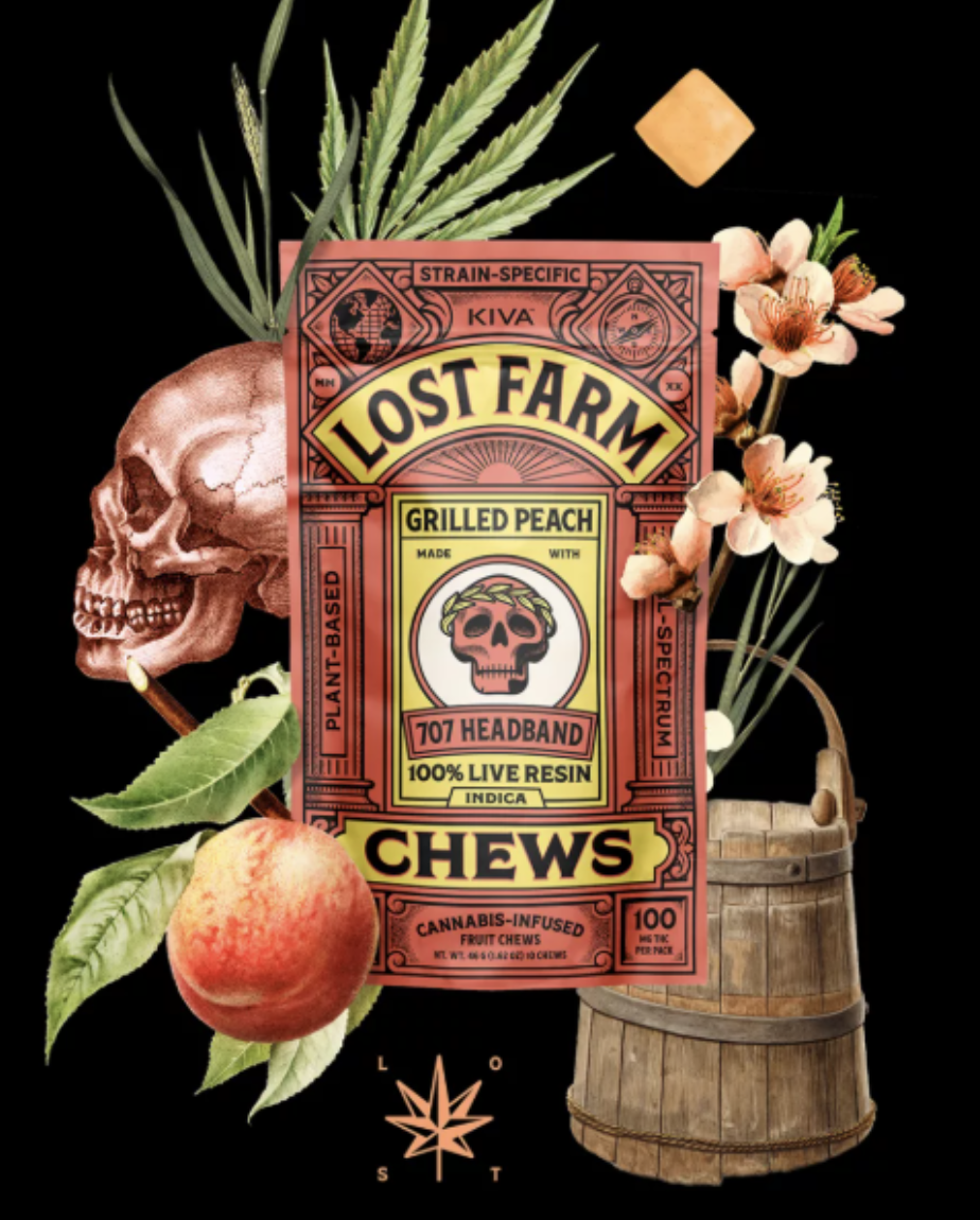 Photograph of product: LOST FARM GRILLED PEACH 10PK FRUIT CHEWS 100MG