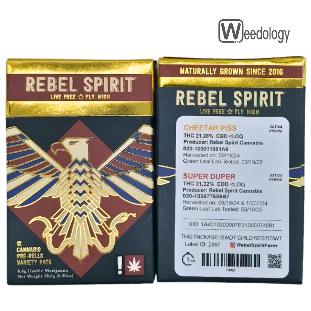 Photograph of product: Rebel Spirit 12pk CHEETAH PISS(S-H)/SUPER DUPER(S-H) 0.7g Pre-Rolls