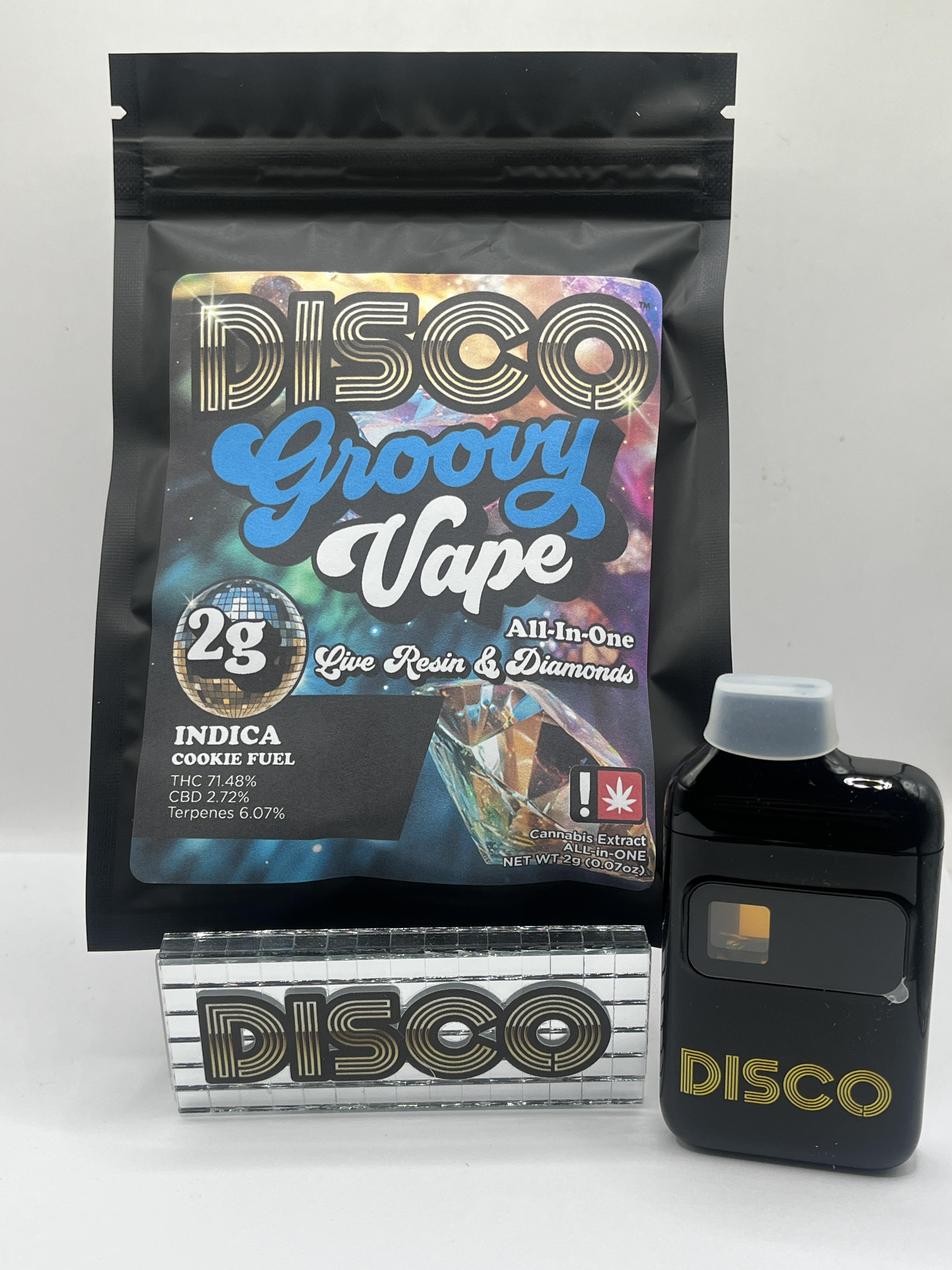 Photograph of product: Cartridge ~ Disco Dabs ~ Diamonds & Sauce ~ 2g ~ Oui'd ~ Gods Breath ~ Green Leaf Special