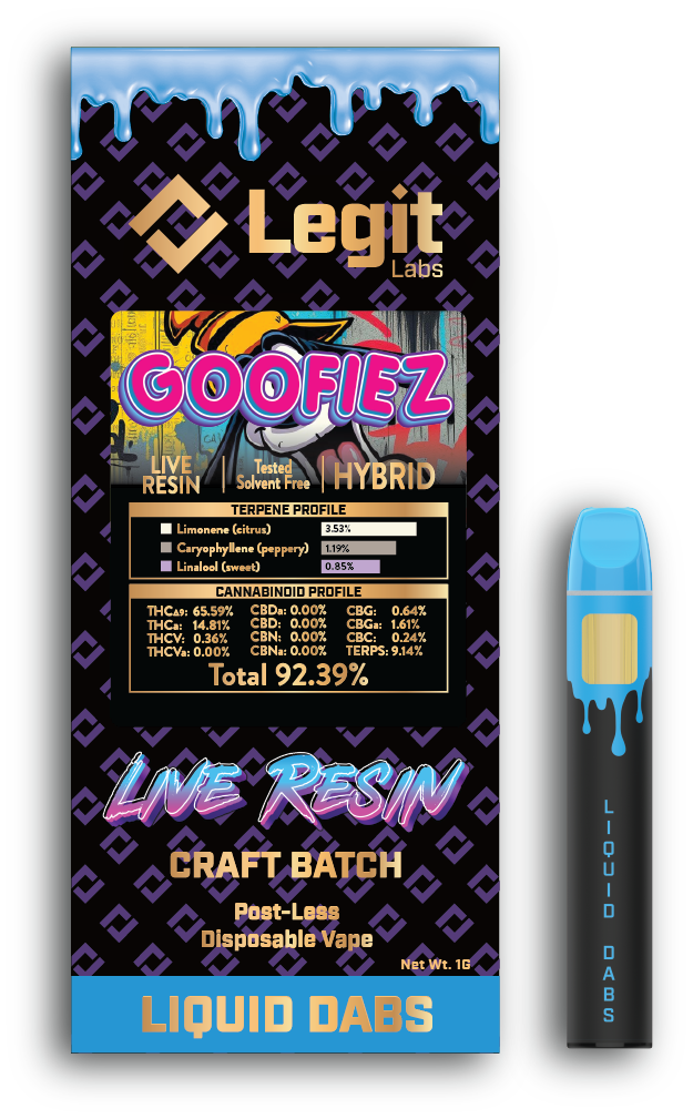 Photograph of product: Legit Labs | Postless Disposable Vapor Cartridge | Live Resin | Goofiez