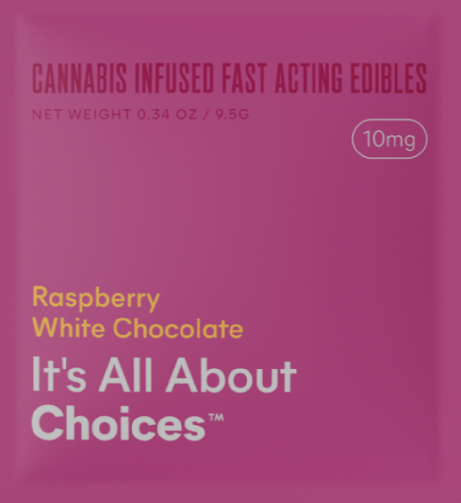 Photograph of product: It's All About Choices 10mg Raspberry White Chocolate Bar