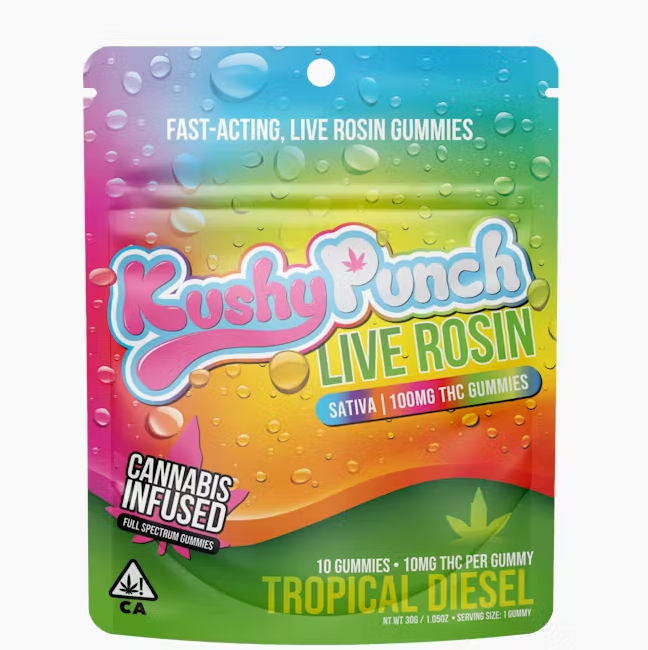 Photograph of product: Kushy Punch Tropical Diesel Live Rosin Fast Acting Oui'd Gummies 100mg
