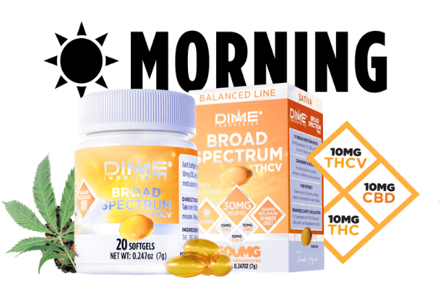 Photograph of product: Dime Ind. "Morning" Balanced Soft Gel Capsules 1:1:1 TH-oui:TH-ouiv:CBD 200mg
