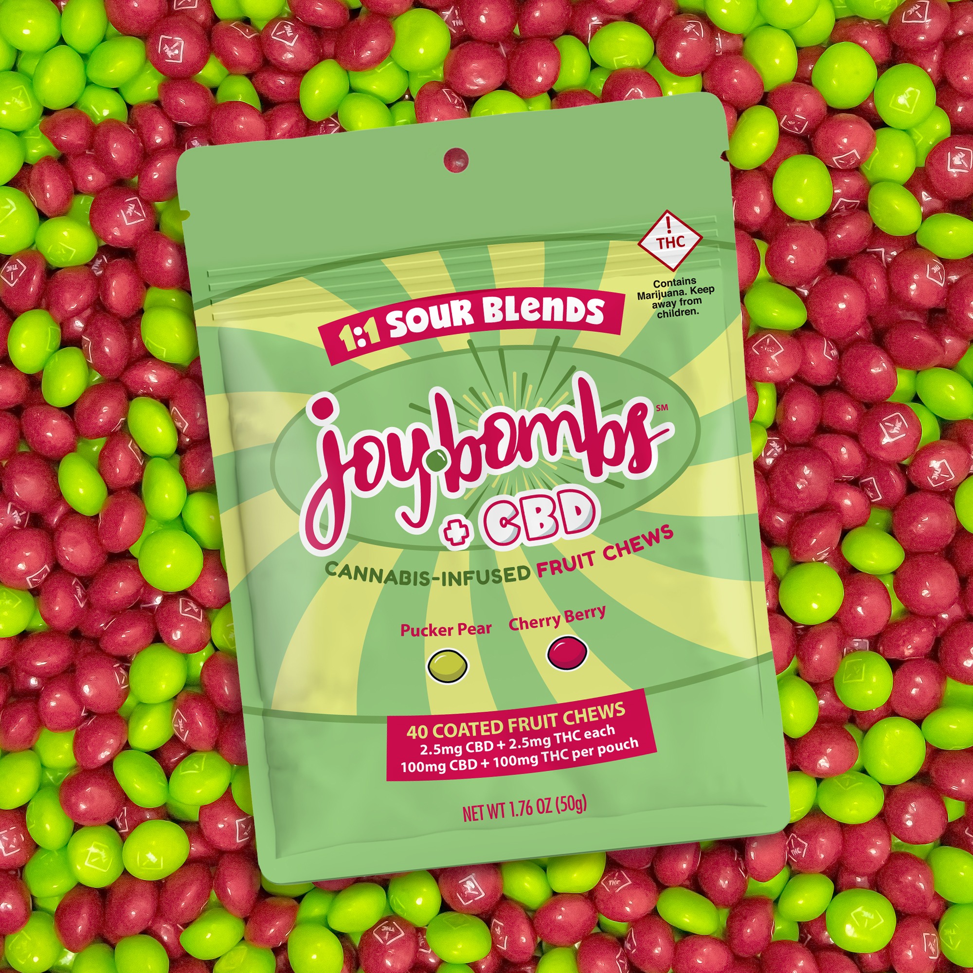 Photograph of Product: JOY BOMBS | SOUR BLEND FRUIT CHEW 1:1 | THC/CBD 100MG 40 PACK