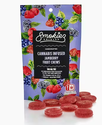 Photograph of product: Infused Sour Jamberry 1:1 TH-oui:CBN Chews (10mg/100mg) (Smokiez)