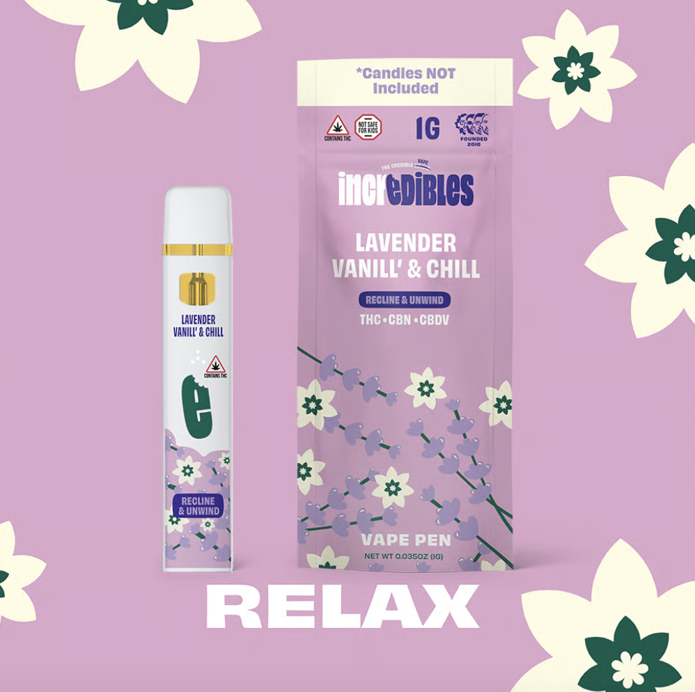 Photograph of product: Incredibles l Lavender Vanill' n Chill (NCD) (14:1:1 TH-oui:CBDV:CBN) Vape Pen (Disposable) l 1g