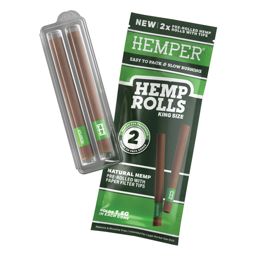 Photograph of product: Hemper | Cones | King Size Hemp Rolls w/ Glass Tip | Natural | 2 Pack