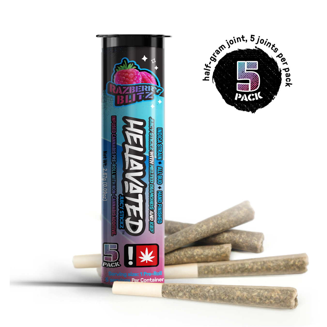 Photograph of product: Hellavated > Infused Pre Roll 5Pk x 0.5g > Razberry Blitz