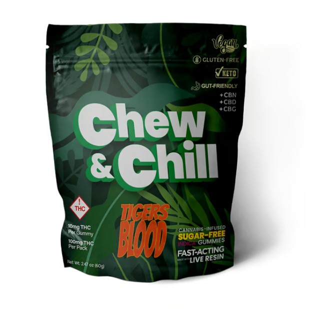 Photograph of product: Chew & Chill | Tigers Blood | Live Resin Gummies | 100mg | (I)