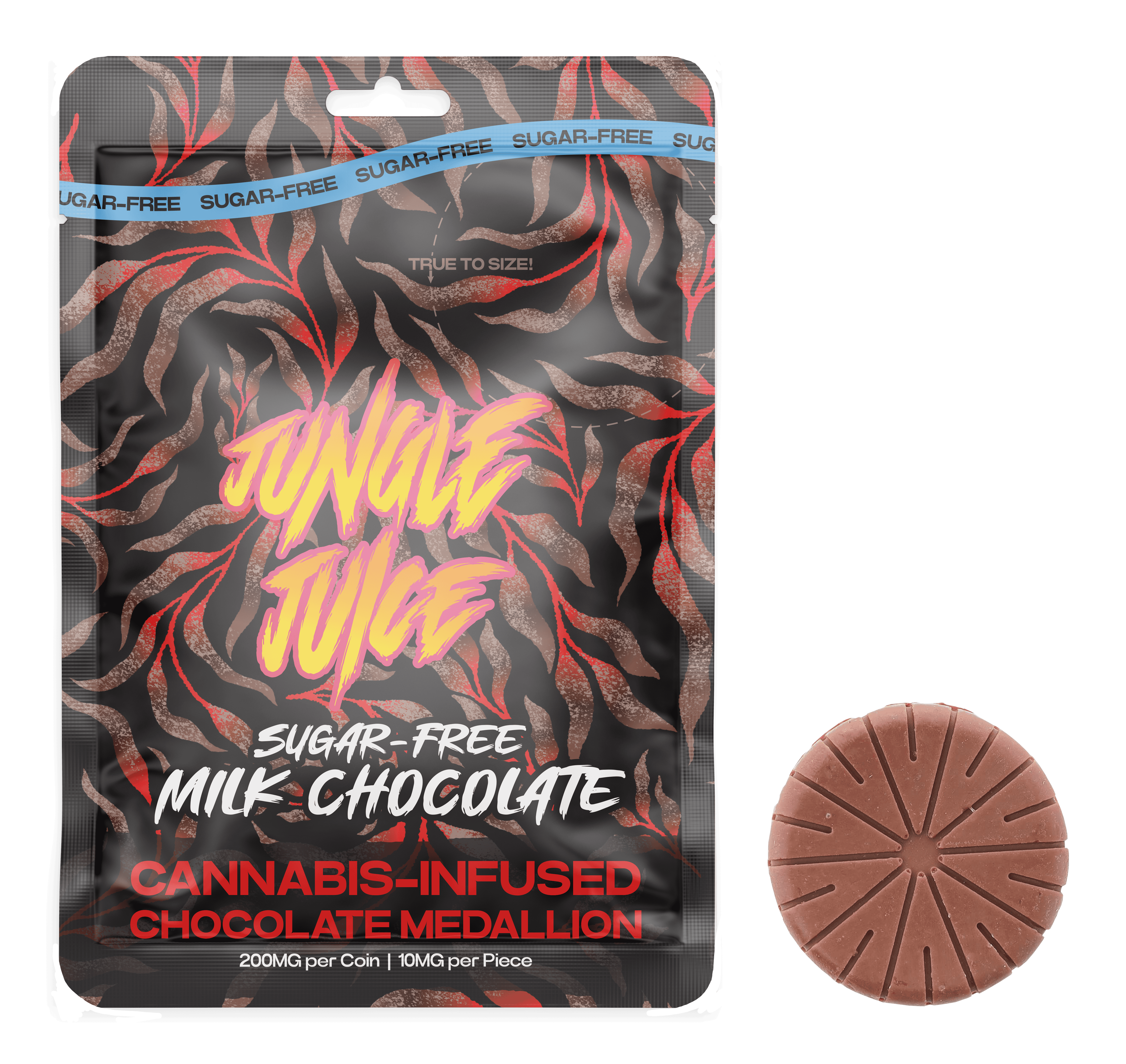 Photograph of product: Jungle Juice 200mg Sugar Free Milk Chocolate Medallion