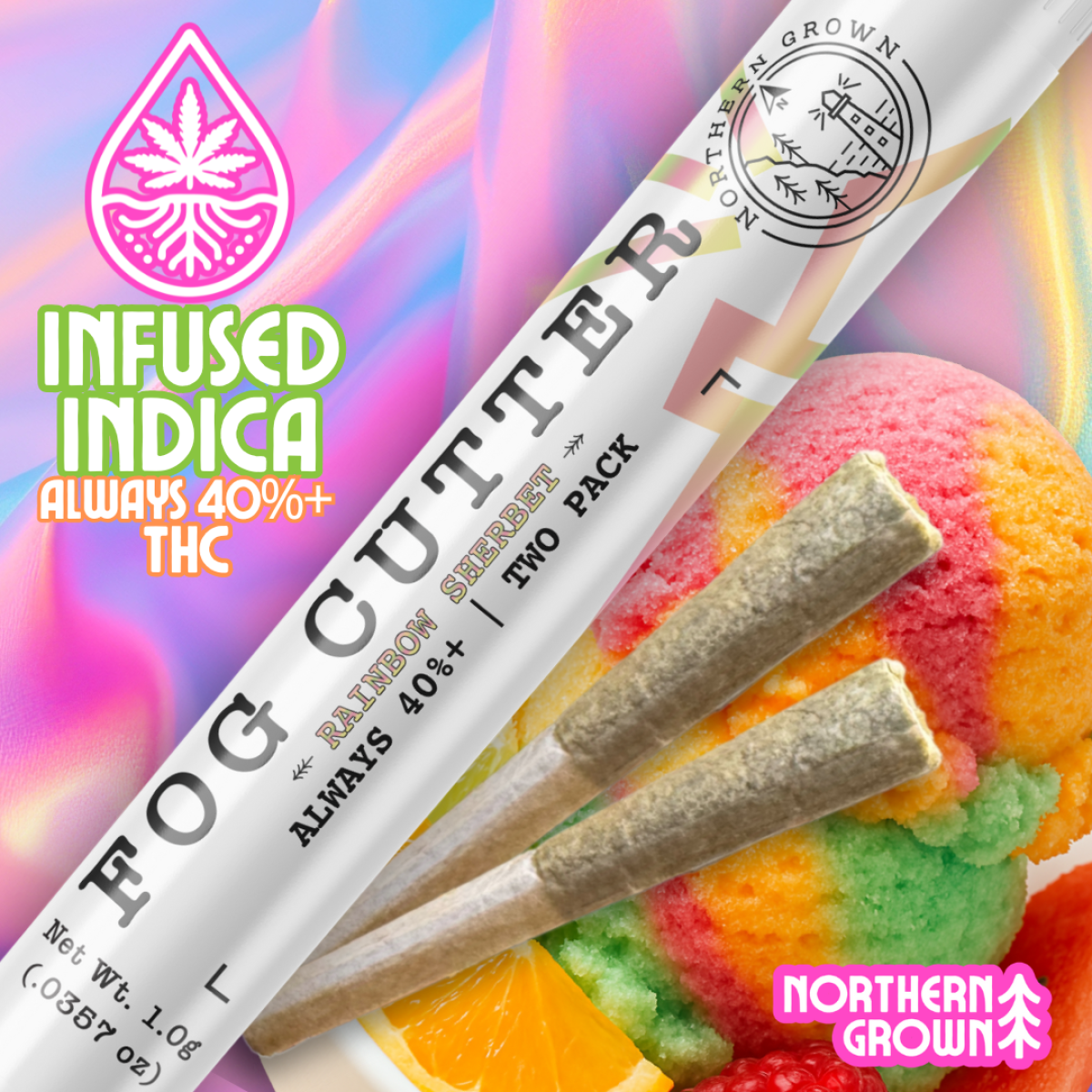 Photograph of Product: Northern Grown Fog Cutter Rainbow Sherbet Infused Pre-roll 0.5g (2PK)
