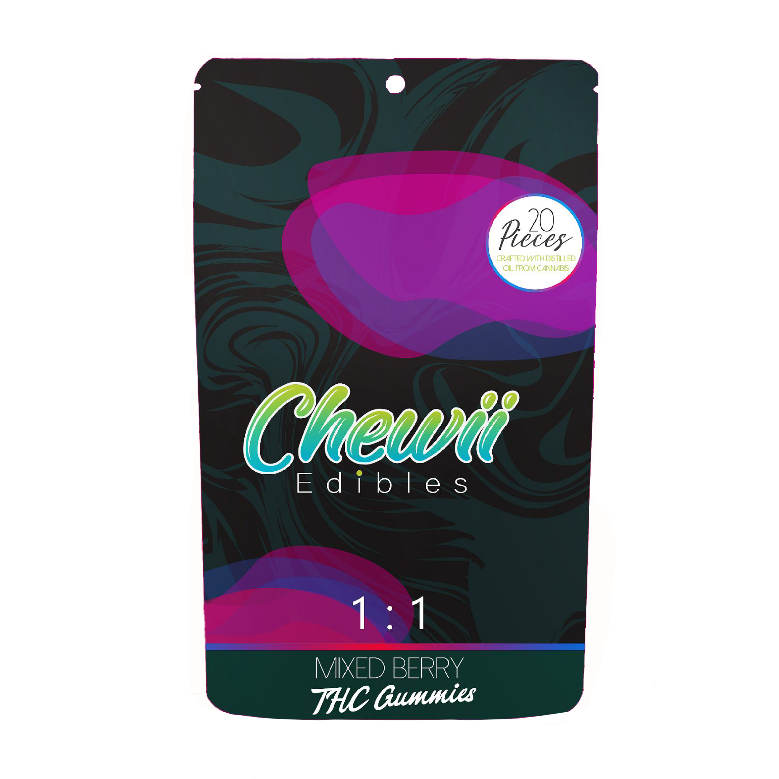 Photograph of product: Chewii Fast-Acting Mixed Berry 1:1 100mg TH-oui/CBD Gummies Rec