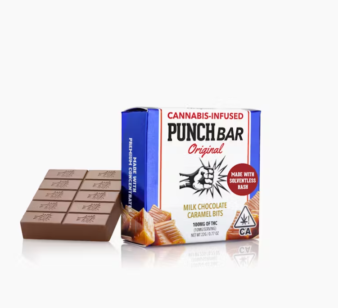Photograph of product: Milk Chocolate Caramel Bits Punchbar | 100MG Solventless Chocolate Bar | Punch