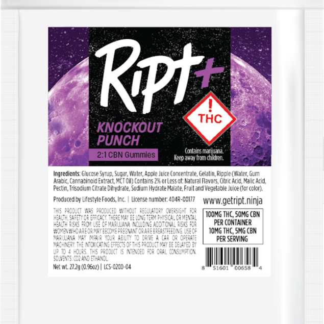 Photograph of product: Knock Out Punch (I) 100mg TH-oui / 50mg CBN Sour Gummies