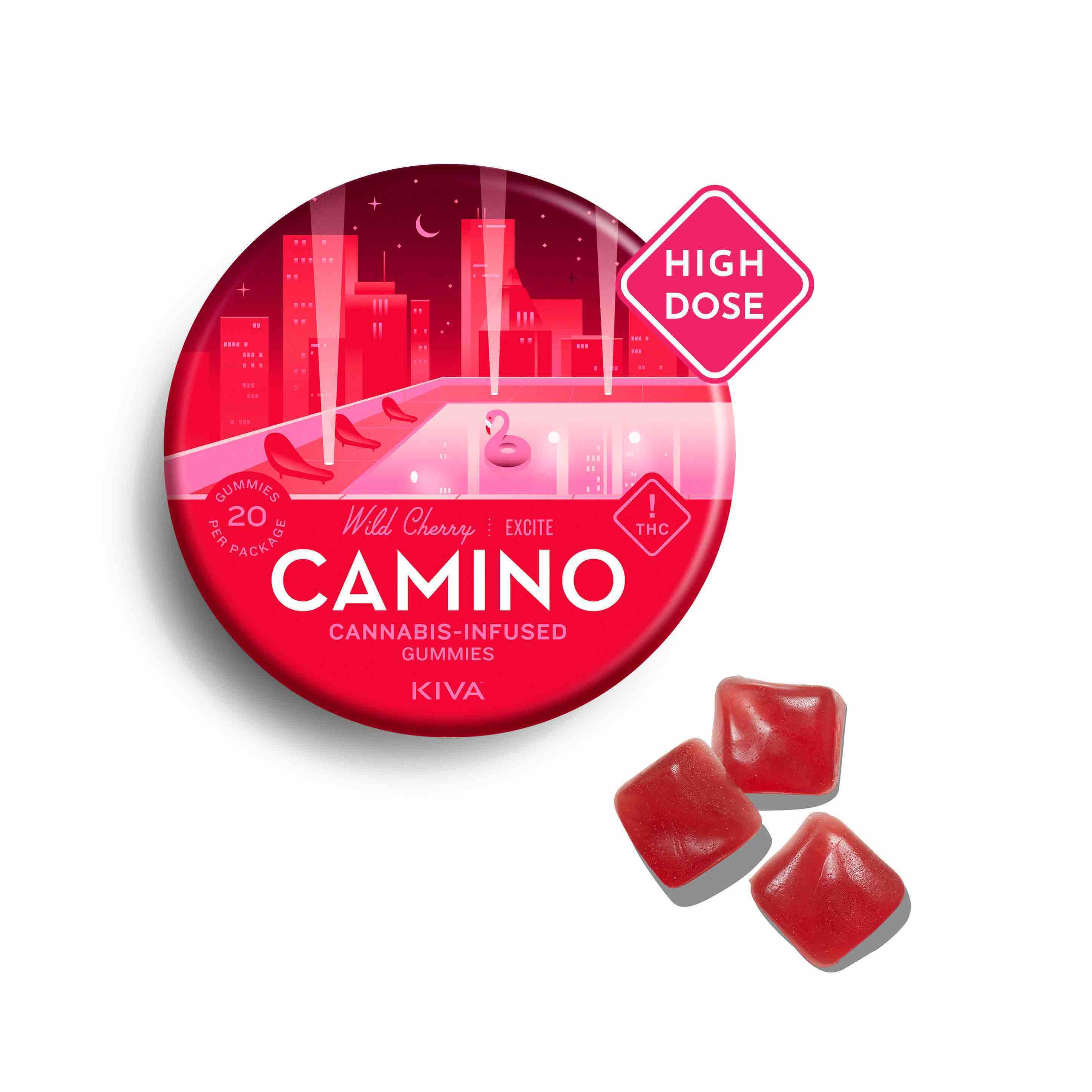 Photograph of product: Camino High Dose Wild Cherry Gummies | KIVA | 500MG | 20pk | Oui'd