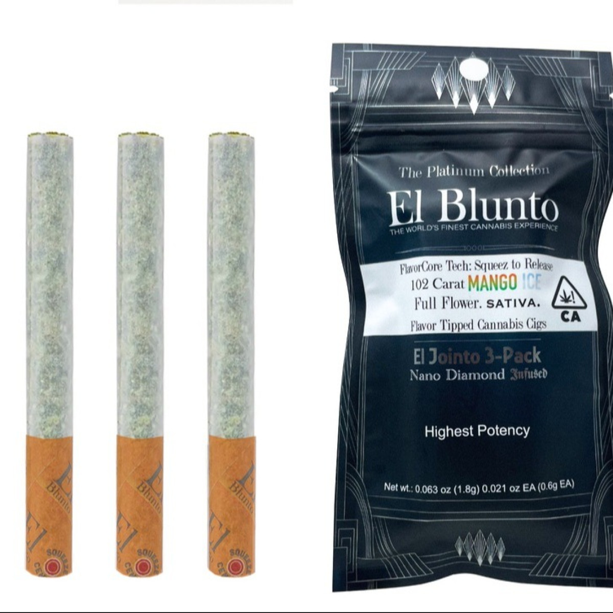 Photograph of product: El Jointo | 102 Carat Mango Ice Diamond Infused 3pk Pre-roll | 1.8g