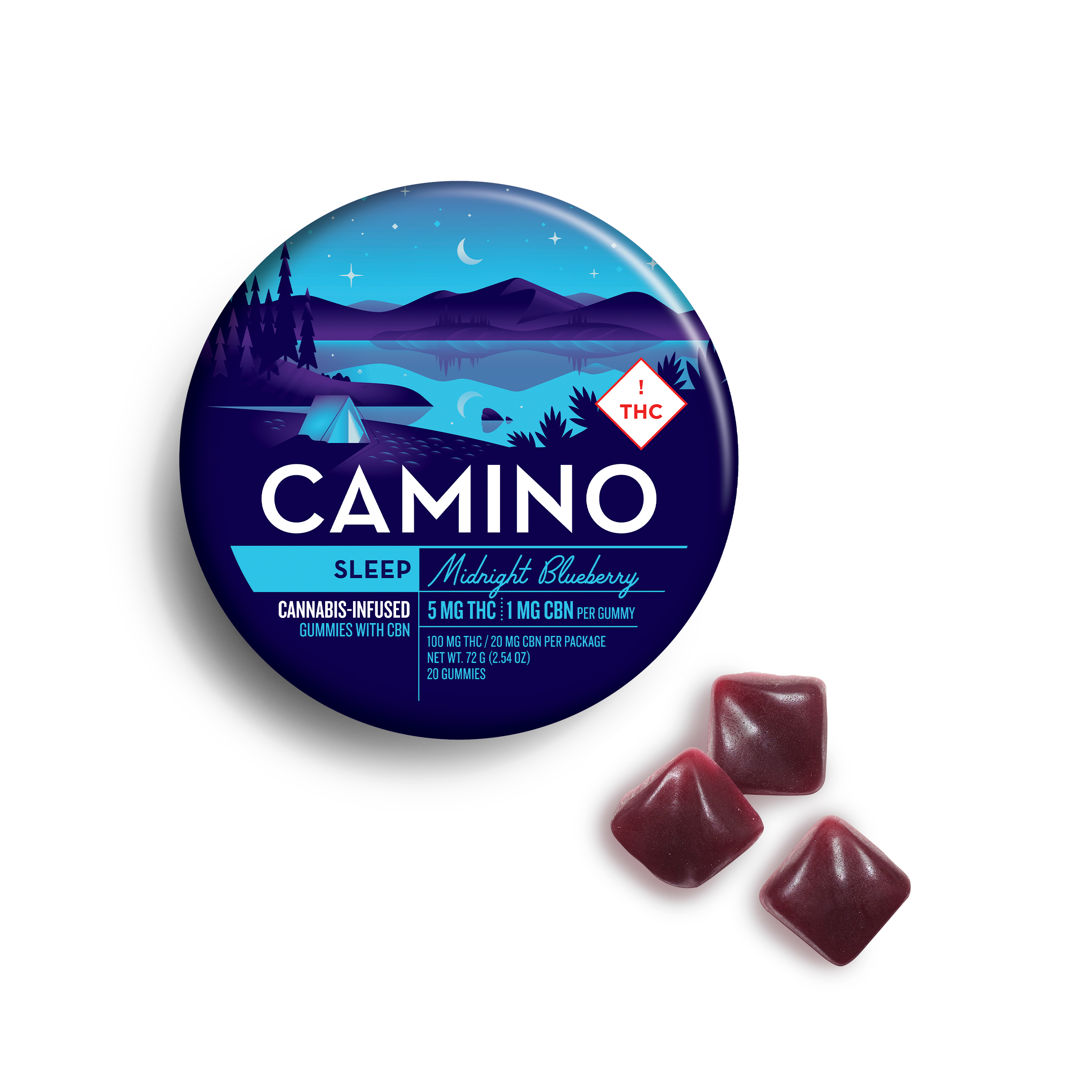 Photograph of product: Camino | Midnight Blueberry | 5mg THC 1mg CBN | 20 Pack